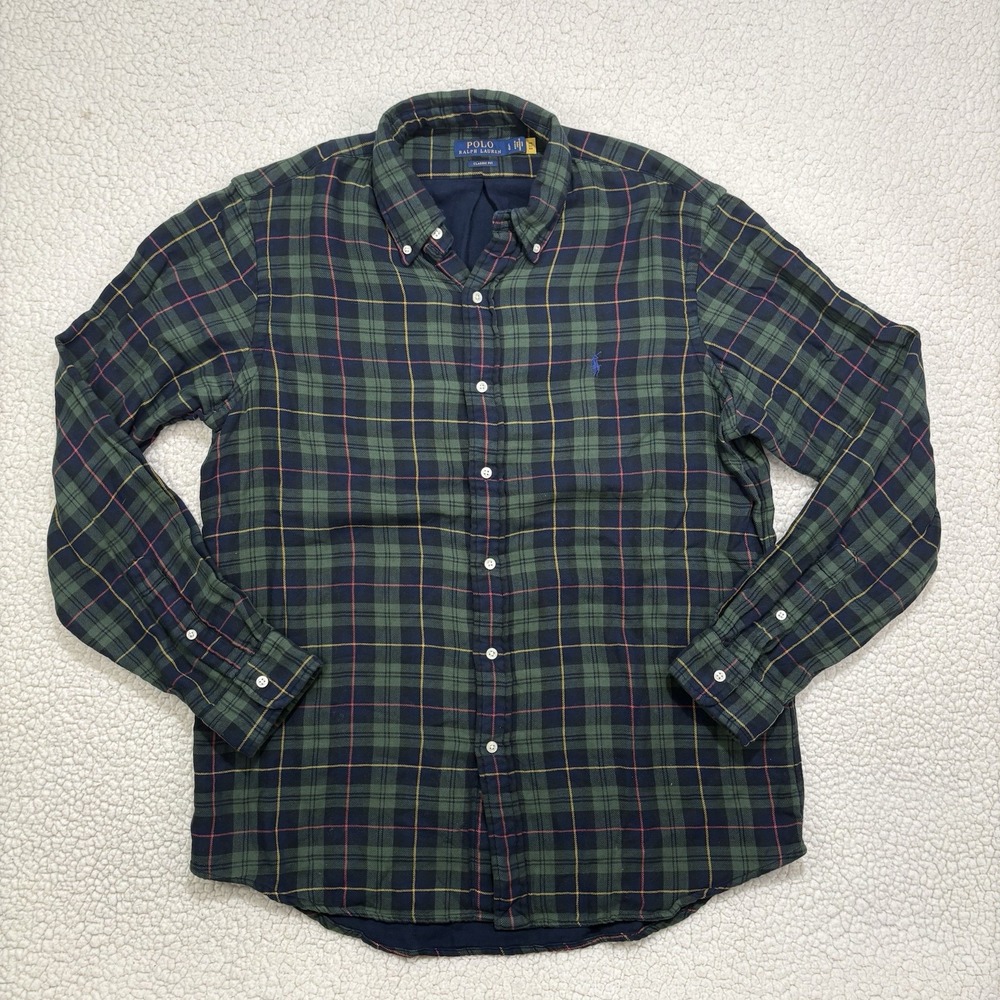 Polo Ralph Lauren Classic Fit Shirt Mens L Green Blue Tartan Plaid Button Down